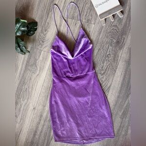 Lucy in the Sky Vibrant Purple Velvet Cowl Neck Strappy Backless Mini Dress. XS